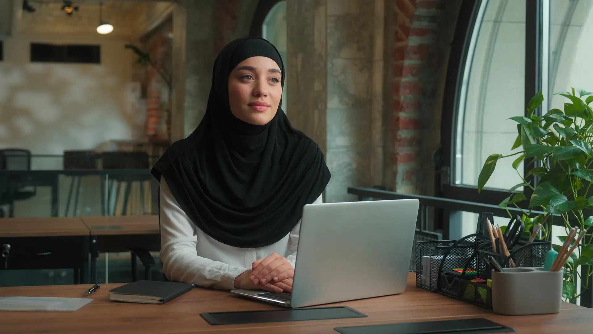 Muslim islamic woman in hijab Arabian arabic girl business lady happy positive cheerful joyful